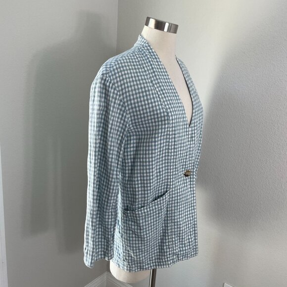 MADEWELL Womens XS Blue 100% Linen Collarless Blazer Gingham Check Jacket - Picture 5 of 16